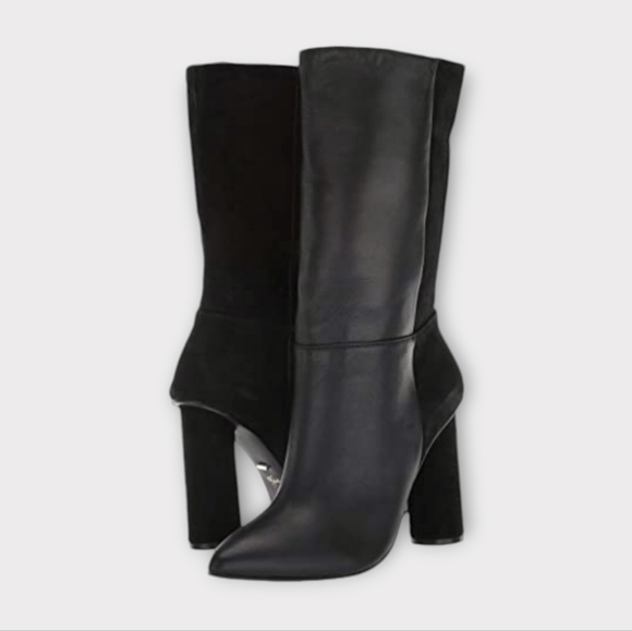 42 Gold Kolby Black Leather & Suede Heeled Pull On Mid Calf Boots - Picture 1 of 8